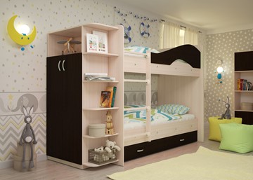 Детская 2-х ярусная кровать Мая на щитах со шкафом и ящиками, корпус Млечный дуб, фасад Венге в Шахтах
