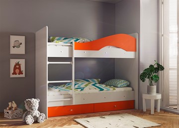 Детская двухэтажная кровать Мая с 2 ящиками на щитах, корпус Млечный дуб, фасад Оранжевый в Шахтах