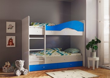 Двухъярусная кровать Мая с 2 ящиками на щитах, корпус Млечный дуб, фасад Синий в Каменск-Шахтинском