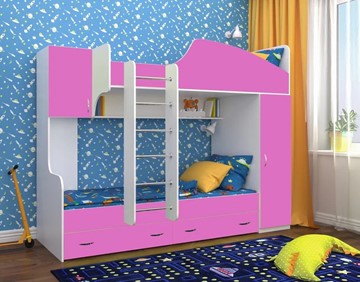 Детская кровать-шкаф Юниор-2, каркас Белое дерево, фасад Розовый в Ростове-на-Дону