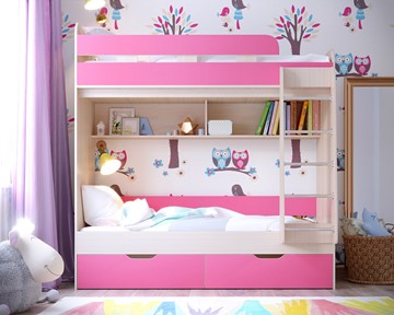 Детская 2-этажная кровать Ярофф Юниор-5, каркас Дуб, фасад Розовый в Батайске