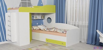 Детская кровать-шкаф Кадет-2 с металлической лестницей, корпус Белое дерево, фасад Лайм в Ростове-на-Дону