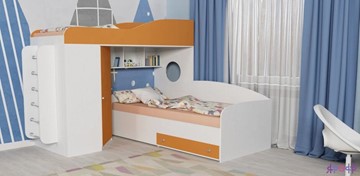 Детская кровать-шкаф Кадет-2 с металлической лестницей, корпус Белое дерево, фасад Оранжевый в Шахтах