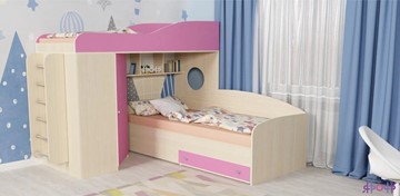 Детская кровать-шкаф Кадет-2 с металлической лестницей, корпус Дуб, фасад Розовый в Батайске