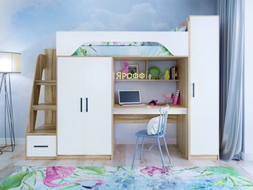 Кровать-чердак в детскую с шкафом Тея, каркас Ясень, фасад Белый в Шахтах