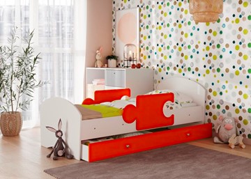 Кровать детская с бортиками и ящиком Мозайка, корпус Белый/фасад Оранжевый (ламели) в Таганроге