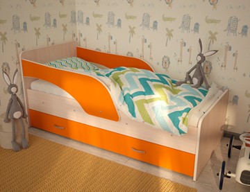 Детская кровать с ящиками Максимка, корпус Млечный дуб, фасад Оранжевый в Таганроге