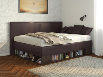 Полутороспальная детская кровать Lancaster 1, 120х200, ЛДСП венге, экокожа коричневая в Шахтах
