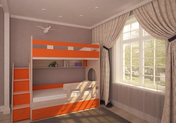 Кровать 2-ярусная Ярофф Юниор-1 с бортом, каркас Дуб, фасад Оранжевый в Шахтах