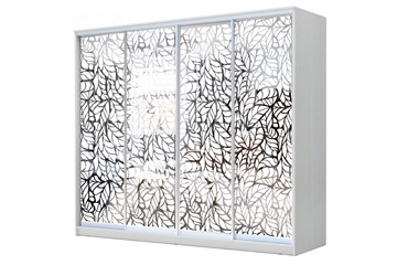 Шкаф-купе 4-х створчатый 22-24/2-6666, Пескоструйный рисунок "Лист", Белый в Таганроге