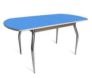 Кухонный раздвижной стол ПГ-02 СТ2, дуб молочный/синие стекло/35 хром гнутые металл в Батайске