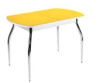 Обеденный раздвижной стол ПГ-02 СТ2, белое/желтое стекло/35 хром гнутые металл в Батайске