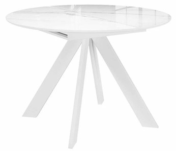 Стеклянный обеденный стол раздвижной DikLine SFC110 d1100 стекло Оптивайт Белый мрамор/подстолье белое/опоры белые в Шахтах