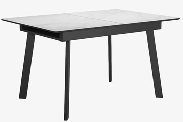 Стеклянный кухонный стол раздвижной DikLine SFA125 Стекло Белый мрамор САТИН/подстолье черное/опоры черные в Шахтах