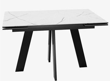 Стеклянный кухонный стол раздвижной DikLine SFM120 Стекло Белый мрамор САТИН/подстолье черное/опоры черные в Шахтах