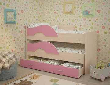 Детская двухъярусная кровать Радуга 1.6 с ящиком, корпус Млечный дуб, фасад Розовый в Батайске