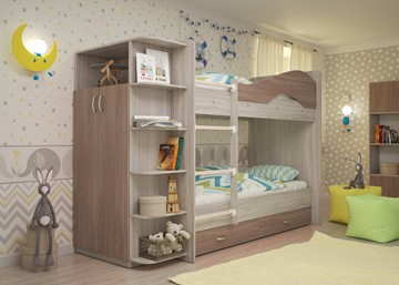Детская двухъярусная кровать Мая на щитах со шкафом и ящиками, корпус Шимо светлый, фасад Шимо темный в Батайске