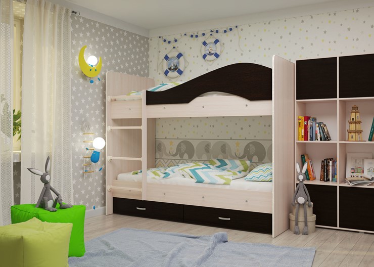 Детская  двухъярусная кровать Мая с 2 ящиками на щитах, корпус Млечный дуб, фасад Венге в Шахтах - изображение 1