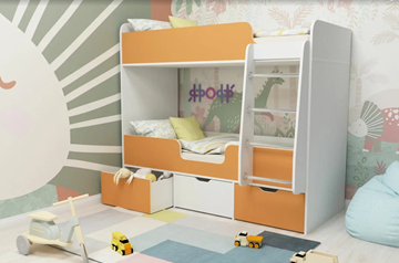 Детская 2-этажная кровать Малыш двойняшка 70х160, корпус Белое дерево, фасад Оранжевый в Ростове-на-Дону