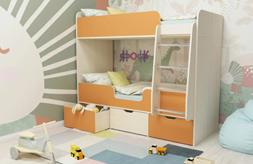 Двухъярусная детская кровать Малыш двойняшка 70х160, корпус Дуб молочный, фасад Оранжевый в Таганроге