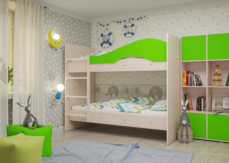 Двухъярусная детская кровать Мая на щитах, корпус Млечный дуб, фасад Салатовый в Шахтах - изображение 1