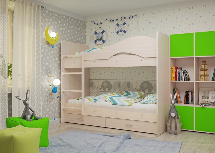 Кровать 2-ярусная Мая на щитах со шкафом и ящиками, цвет Млечный дуб в Шахтах - изображение 1