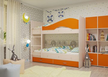 Детская двухэтажная кровать Мая с 2 ящиками на щитах, корпус Млечный дуб, фасад Оранжевый в Таганроге - предосмотр 3