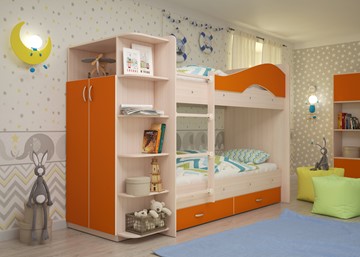Детская двухэтажная кровать Мая с 2 ящиками на щитах, корпус Млечный дуб, фасад Оранжевый в Таганроге - предосмотр 1