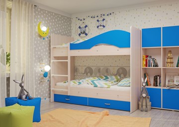 Двухъярусная кровать Мая с 2 ящиками на щитах, корпус Млечный дуб, фасад Синий в Батайске - предосмотр 3