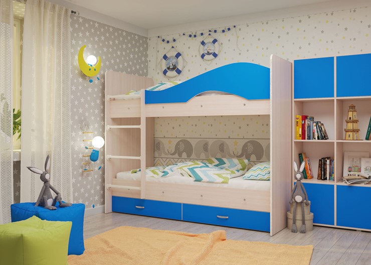 Двухъярусная кровать Мая с 2 ящиками на щитах, корпус Млечный дуб, фасад Синий в Шахтах - изображение 3