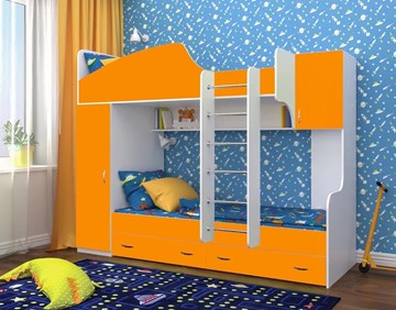 Детская двухэтажная кровать Юниор-2, каркас Белое дерево, фасад Оранжевый в Батайске