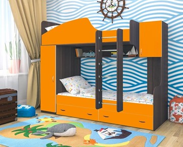 Детская 2-этажная кровать Юниор-2, каркас Ясень анкор темный, фасад Оранжевый в Шахтах