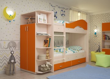 Кровать двухъярусная Мая на щитах со шкафом и ящиками, корпус Млечный дуб, фасад Оранжевый в Шахтах