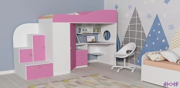 Детская кровать-чердак Кадет-1, корпус Белое дерево, фасад Розовый в Шахтах