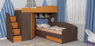 Детская кровать-шкаф Кадет-2 с универсальной лестницей, корпус Ясень анкор темный, фасад Оранжевый в Шахтах