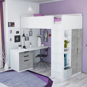 Детская кровать с письменным столом и шкафом POLINI Kids Simple Белый / Бетон в Батайске - предосмотр 1