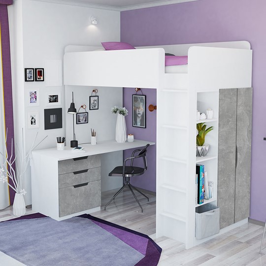 Детская кровать с письменным столом и шкафом POLINI Kids Simple Белый / Бетон в Шахтах - изображение 1