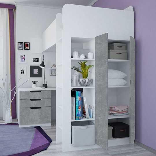 Детская кровать с письменным столом и шкафом POLINI Kids Simple Белый / Бетон в Шахтах - изображение 2