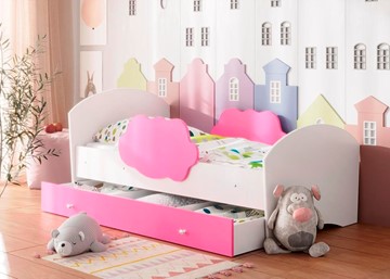 Детская кровать с бортиками Тучка с ящиком, корпус Белый, фасад Розовый в Шахтах