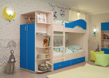 Двухэтажная детская кровать Мая на щитах со шкафом и ящиками, корпус Млечный дуб, фасад Синий в Ростове-на-Дону