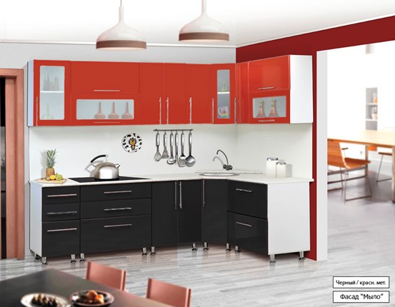 Угловая кухня Мыло 224 2600х1600, цвет Черный/Красный металлик в Шахтах - изображение
