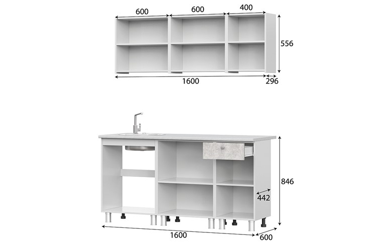 Гарнитур на кухню КГ-1 1600, белый/белый/цемент светлый/антарес в Шахтах - изображение 2