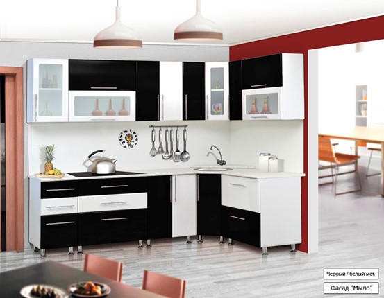 Угловой кухонный гарнитур Мыло 224 2600х1600, цвет Черный/Белый металлик в Шахтах - изображение