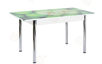 Кухонный стол раздвижной Айсберг-01 СТФ, белый/фотопечать зеленые яблоки/ноги хром круглые в Батайске