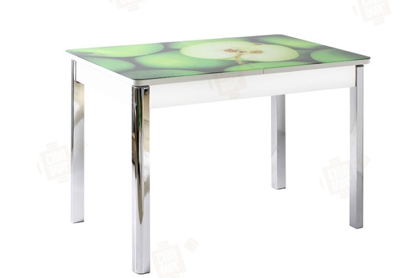 Раздвижной стол Айсберг-01 СТФ, белый/фотопечать зеленые яблоки/ноги хром квадратные в Шахтах - изображение