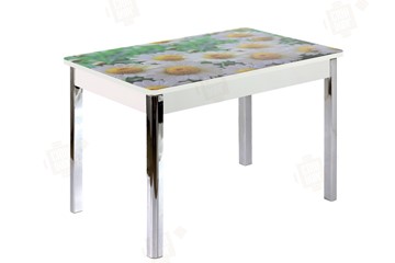 Кухонный стол раскладной Айсберг-01 СТФ, дуб/фотопечать ромашки/ноги хром квадратные в Шахтах