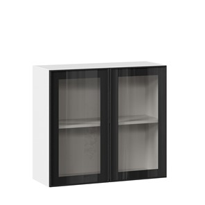 Навесной кухонный шкаф со стеклом 800 Индиго ЛД 298.360.000.023, Белый/Чёрный в Батайске