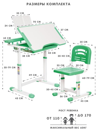 Растущая парта и растущий стул SET HOLTO-17А, зеленый в Батайске - изображение 11